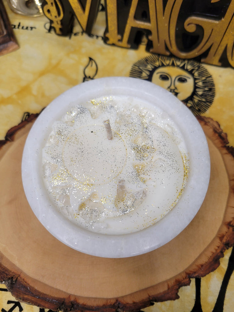 Manifestation Celestial Candle on Marble Stone Bowl, Celestial White Decor Witchy Candle, Soy Candle