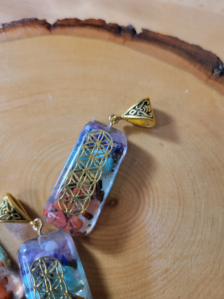 Rectangle Spiritual Charms, with Natural Gemstones Chips inside, Flower of Life Pattern Flat Round Epoxy Resin Pendants