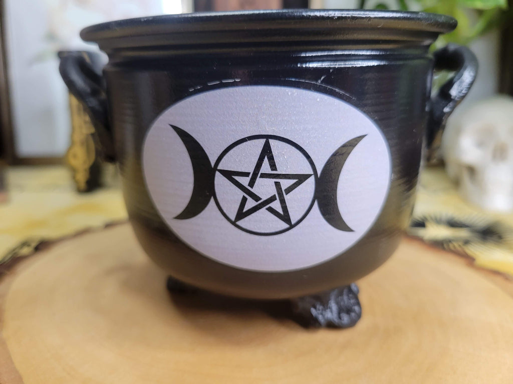 Triple Moon Pentagram Cauldron Burner Black Metal Cauldron Altar Burner