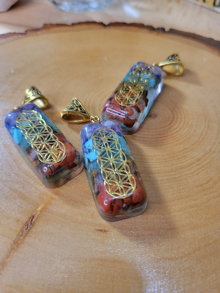 Rectangle Spiritual Charms, with Natural Gemstones Chips inside, Flower of Life Pattern Flat Round Epoxy Resin Pendants