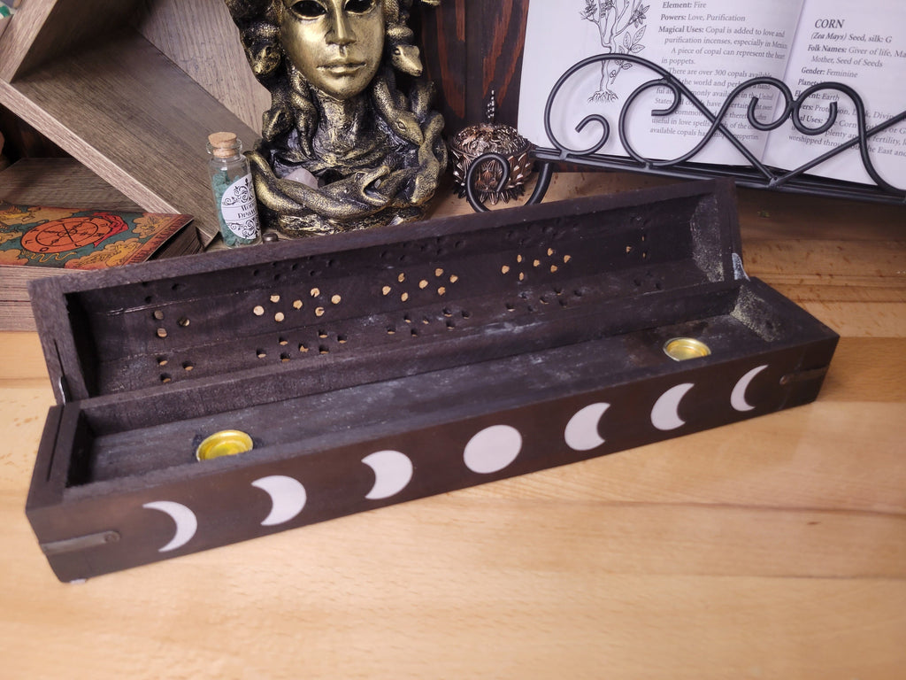 Phases of the Moon Black Wooden Incense Burner Box, Incense Storage Box, Moon Handcrafted Wood Box for Incense