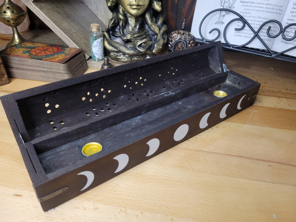 Phases of the Moon Black Wooden Incense Burner Box, Incense Storage Box, Moon Handcrafted Wood Box for Incense