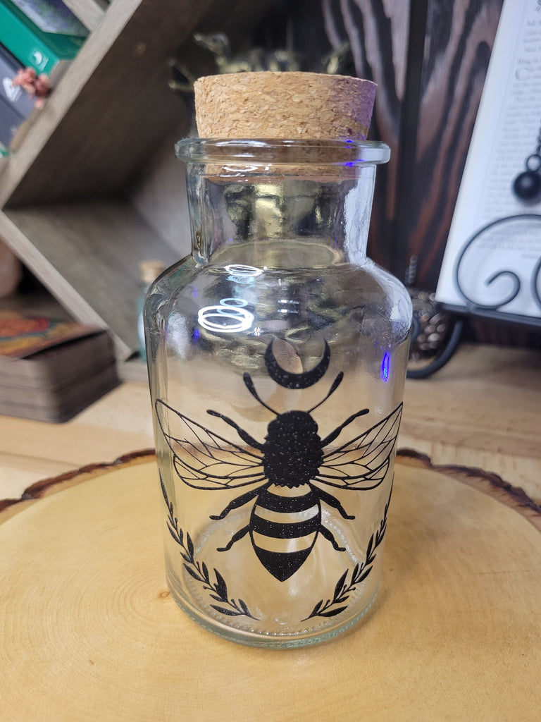 Moon and Bee Glass Bottle, Witchy Moon Jar with Cork, Glass Moon Decorated, Spell Bottle
