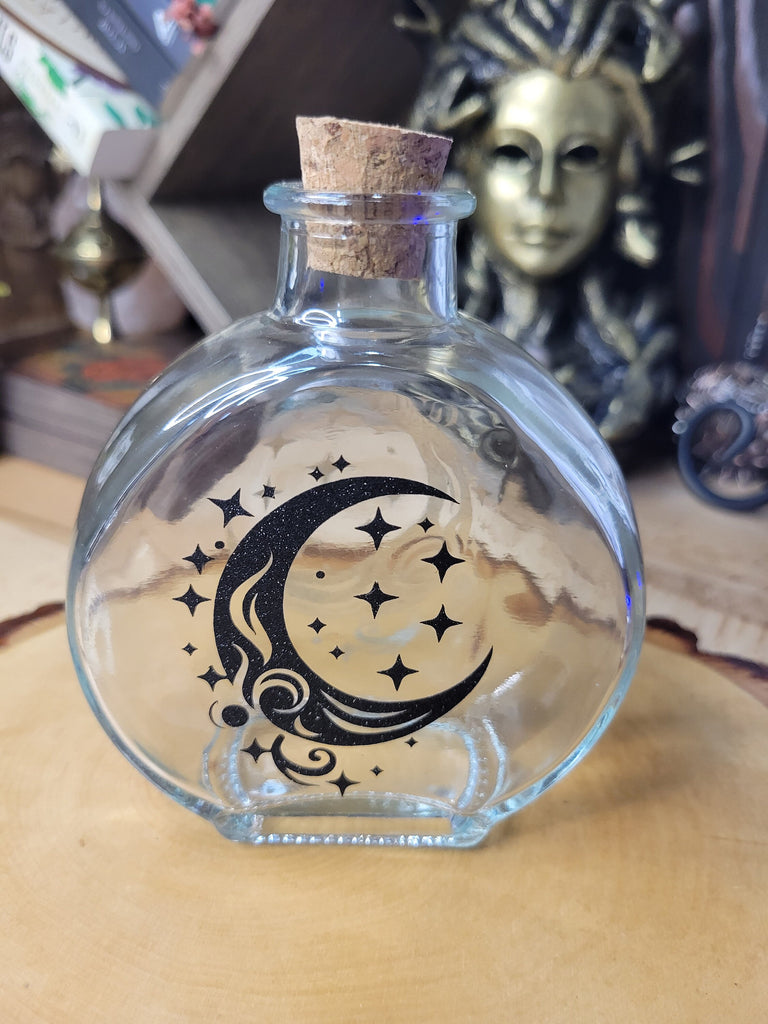 Moon and Sun Glass Bottle, Witchy Moon Jar with Cork, Glass Moon Decorated, Sun Spell Bottle
