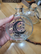 Moon and Sun Glass Bottle, Witchy Moon Jar with Cork, Glass Moon Decorated, Sun Spell Bottle