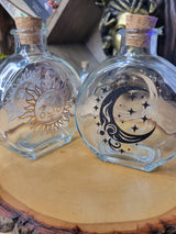 Moon and Sun Glass Bottle, Witchy Moon Jar with Cork, Glass Moon Decorated, Sun Spell Bottle