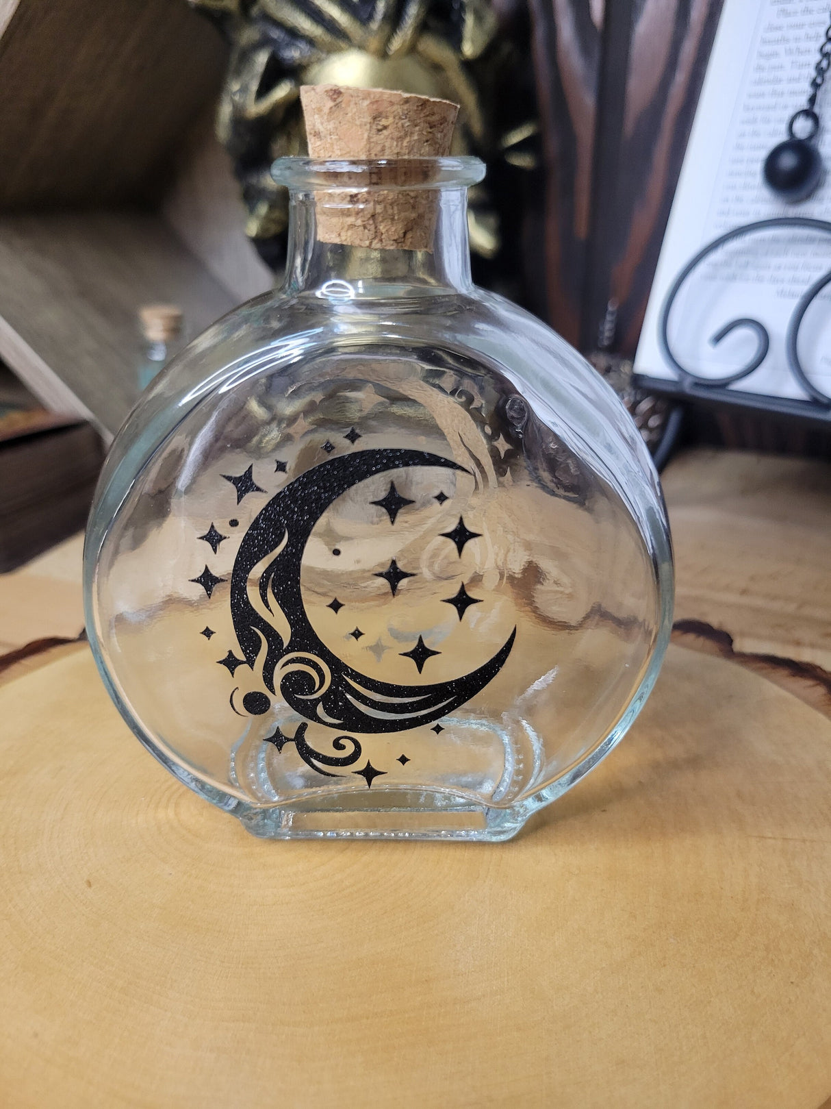 Moon and Sun Glass Bottle, Witchy Moon Jar with Cork, Glass Moon Decorated, Sun Spell Bottle