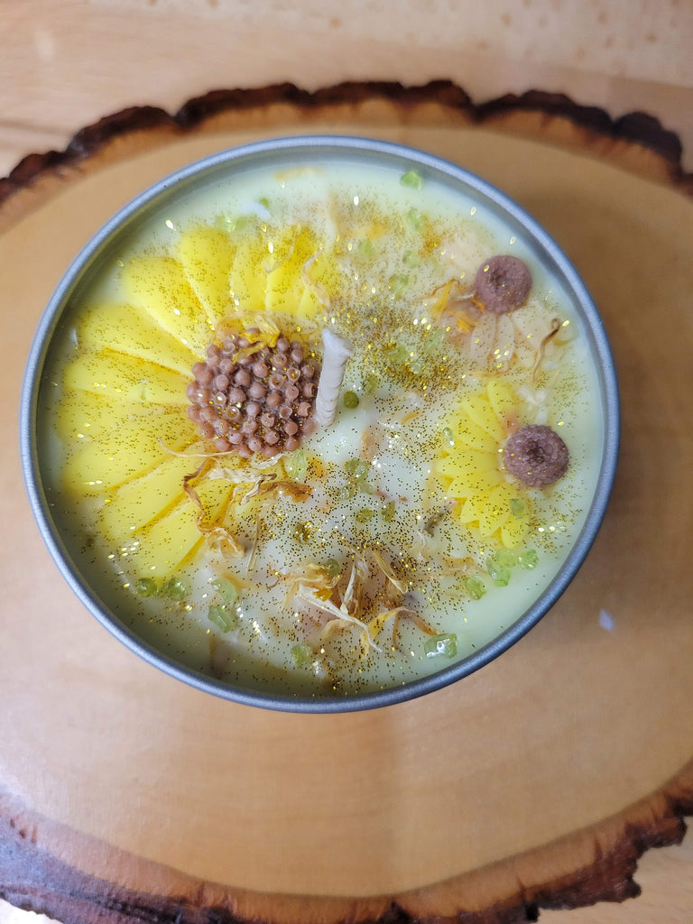 Sunflower Wax Candle with Crystals and Flowers, Soy Sunflower Candle Gift for Her Soy Candles
