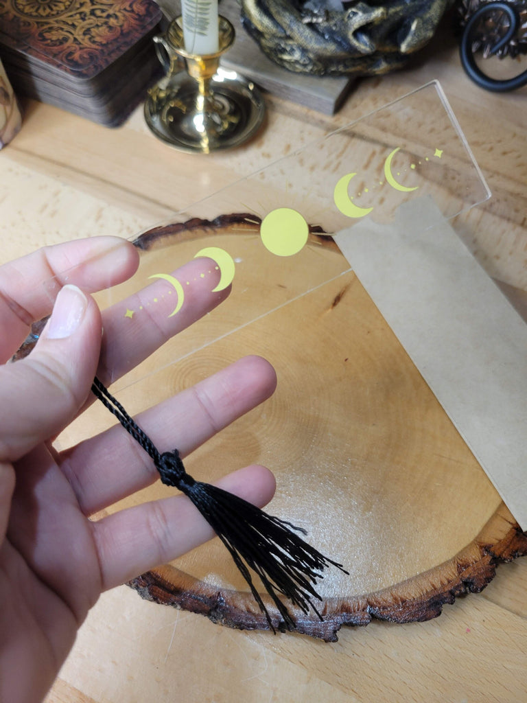 Phases of the Moon Bookmark, Witchy Bookmark, Gold Moon Acrylic Bookmark
