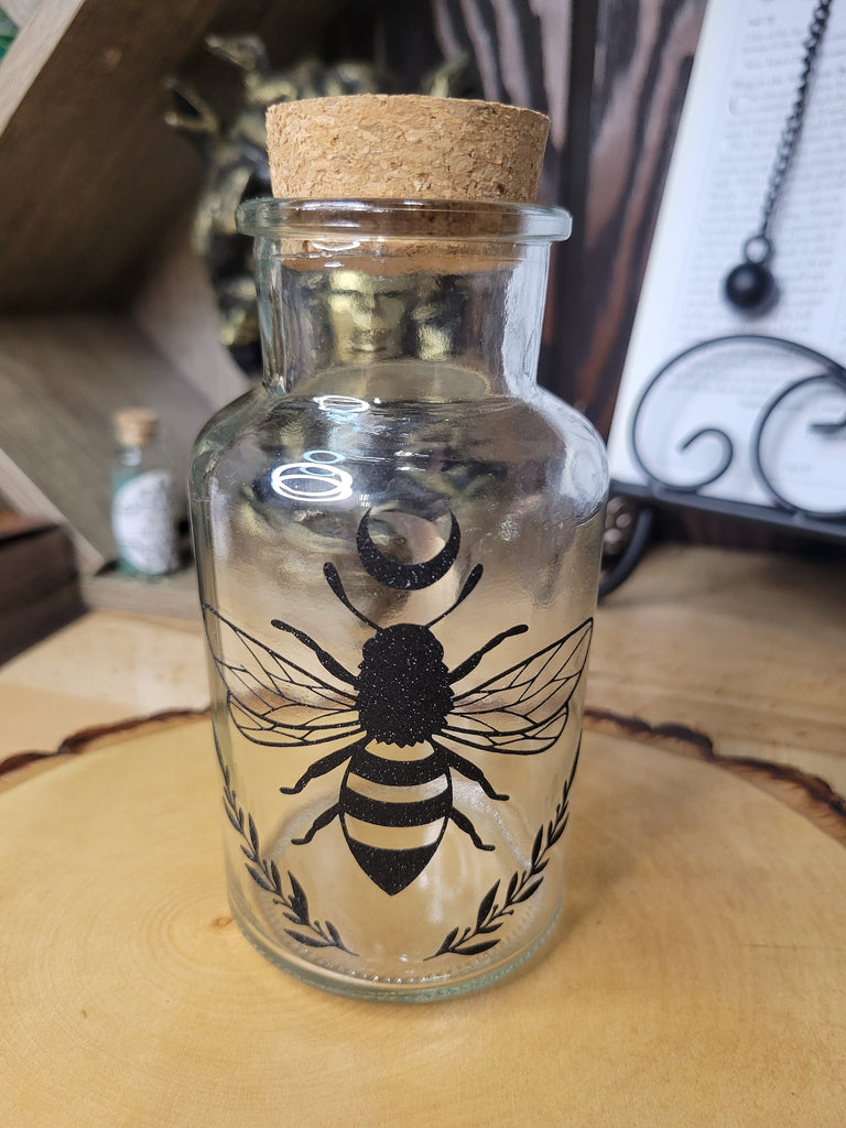 Moon and Bee Glass Bottle, Witchy Moon Jar with Cork, Glass Moon Decorated, Spell Bottle