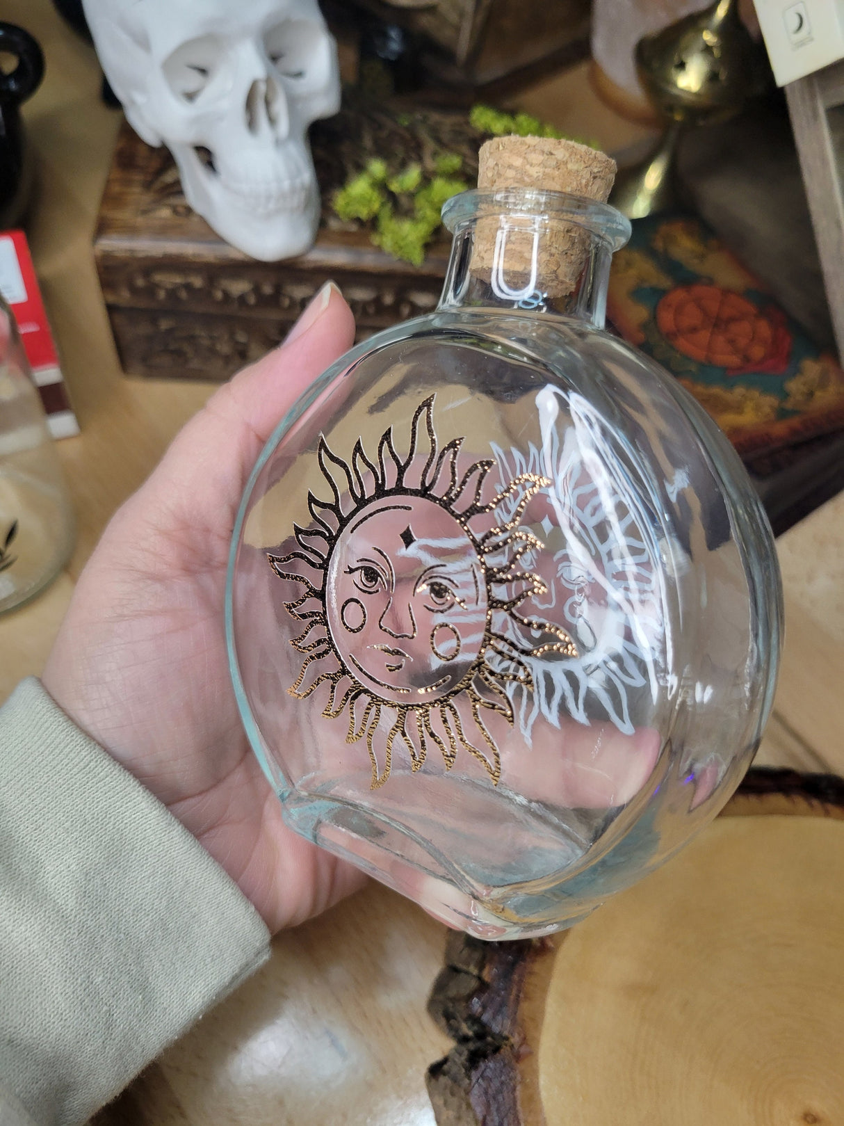 Moon and Sun Glass Bottle, Witchy Moon Jar with Cork, Glass Moon Decorated, Sun Spell Bottle