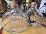 Moon and Sun Glass Bottle, Witchy Moon Jar with Cork, Glass Moon Decorated, Sun Spell Bottle