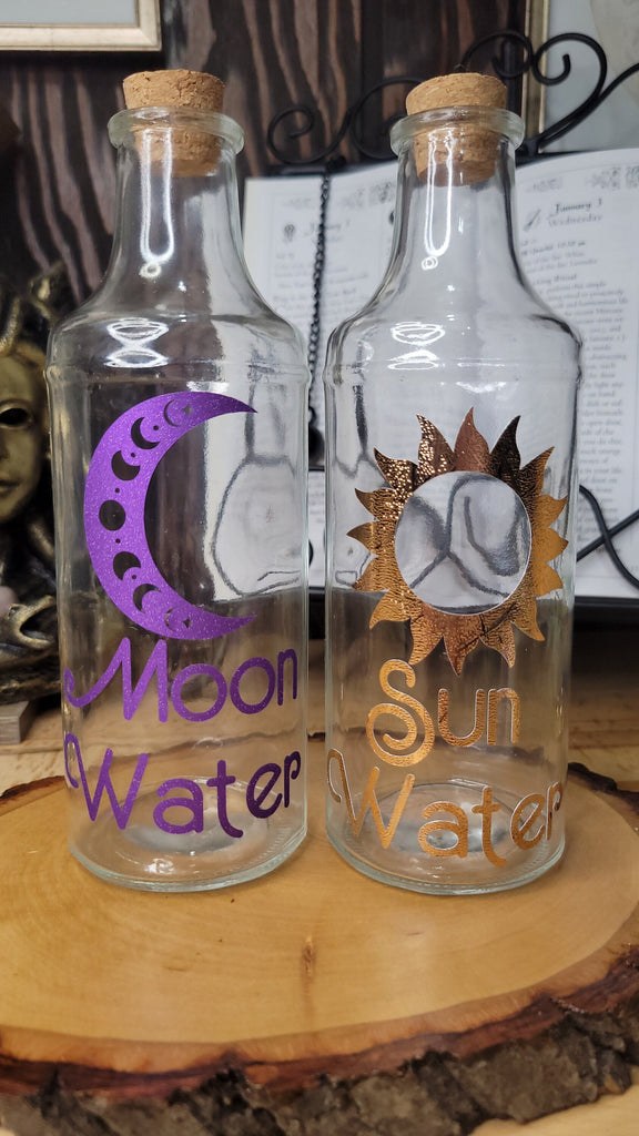 Big Moon and Sun Glass Bottle, Witchy Moon Jar with Cork, Glass Moon Decorated, Sun Spell Bottle
