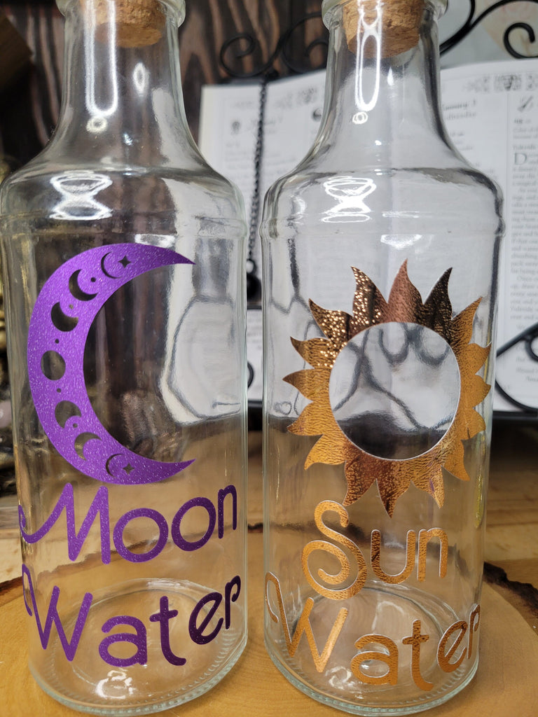 Big Moon and Sun Glass Bottle, Witchy Moon Jar with Cork, Glass Moon Decorated, Sun Spell Bottle
