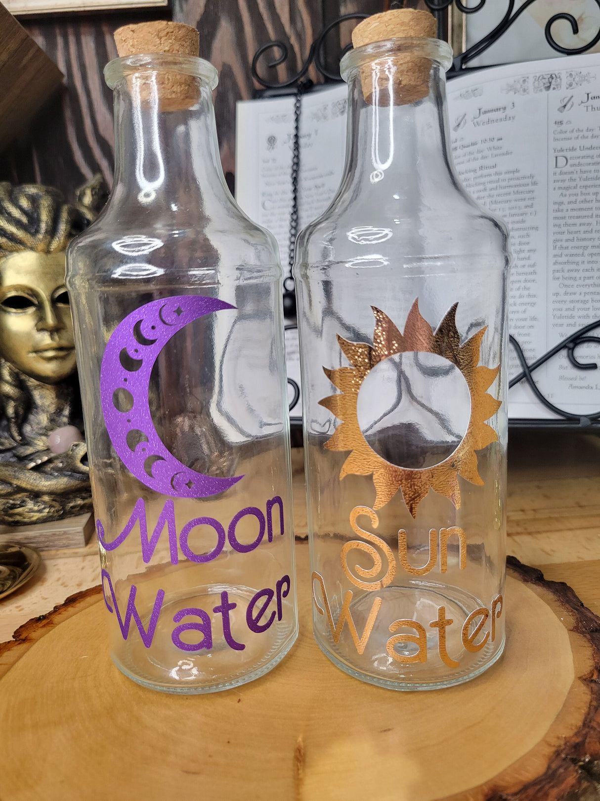 Big Moon and Sun Glass Bottle, Witchy Moon Jar with Cork, Glass Moon Decorated, Sun Spell Bottle