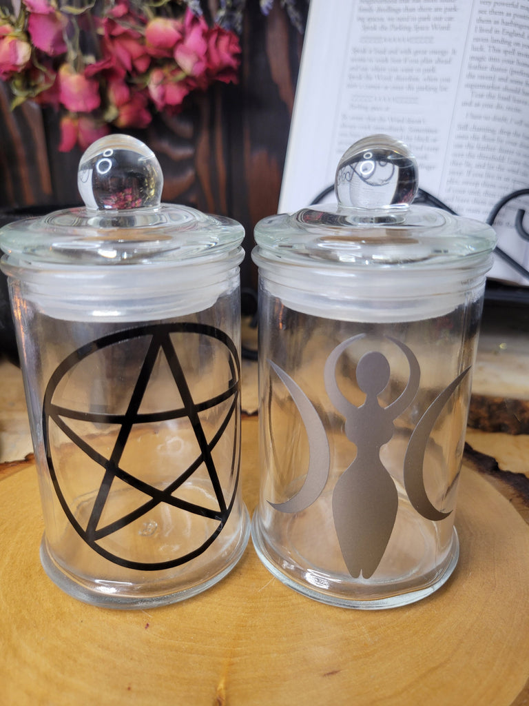 Pentagram and Goddess Glass Bottle, Witchy Moon Jar with Cork, Glass Goddess Decorated, Pentagram Spell Bottle