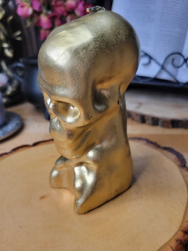 Gold Skull Candle, Spell Skull Candle, Gold Candle, Pillar Spell Candle