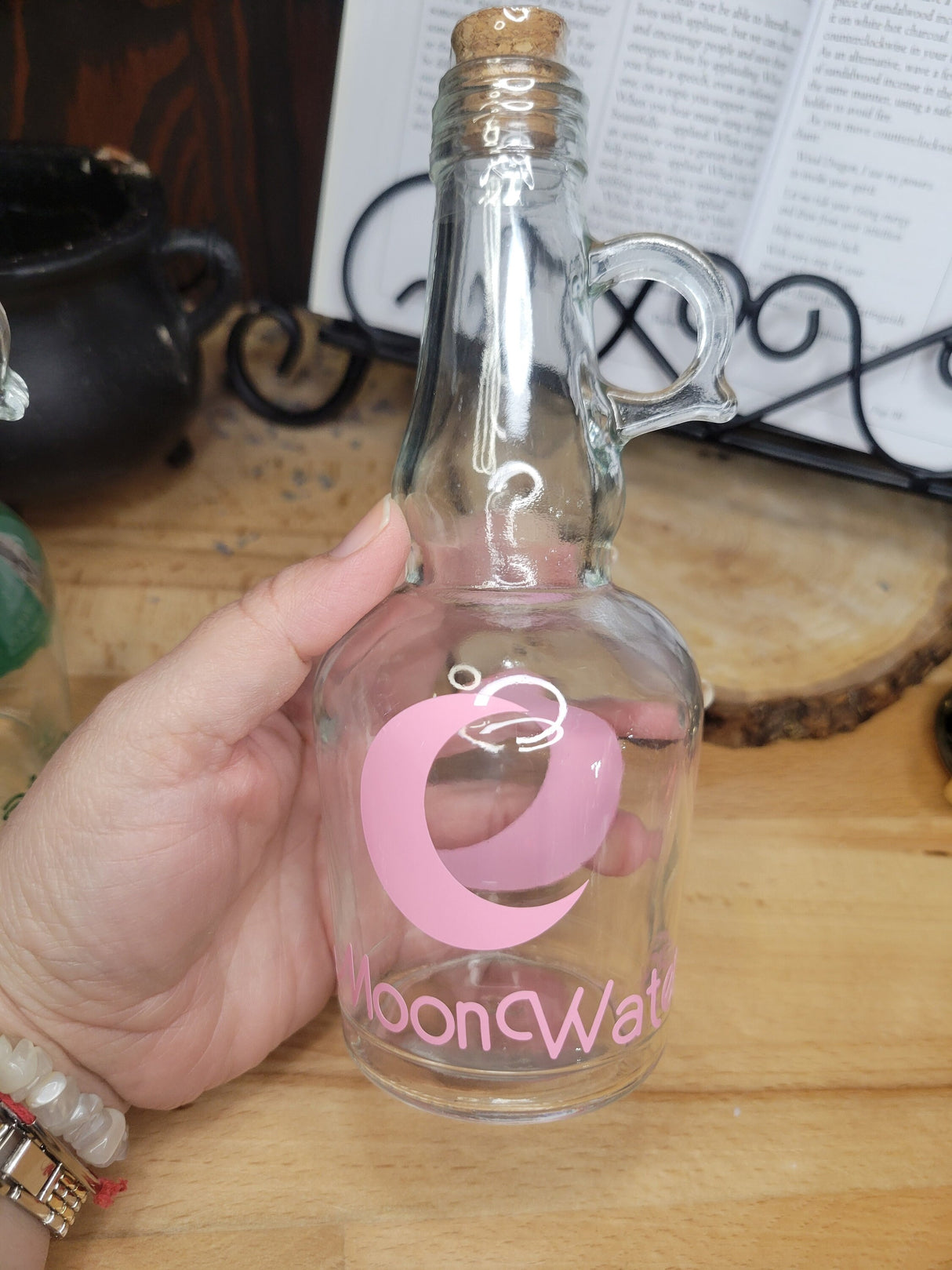 Moon Water Bottle, Moon Jar with Cork, Glass Moon Decorated, Spell Bottle
