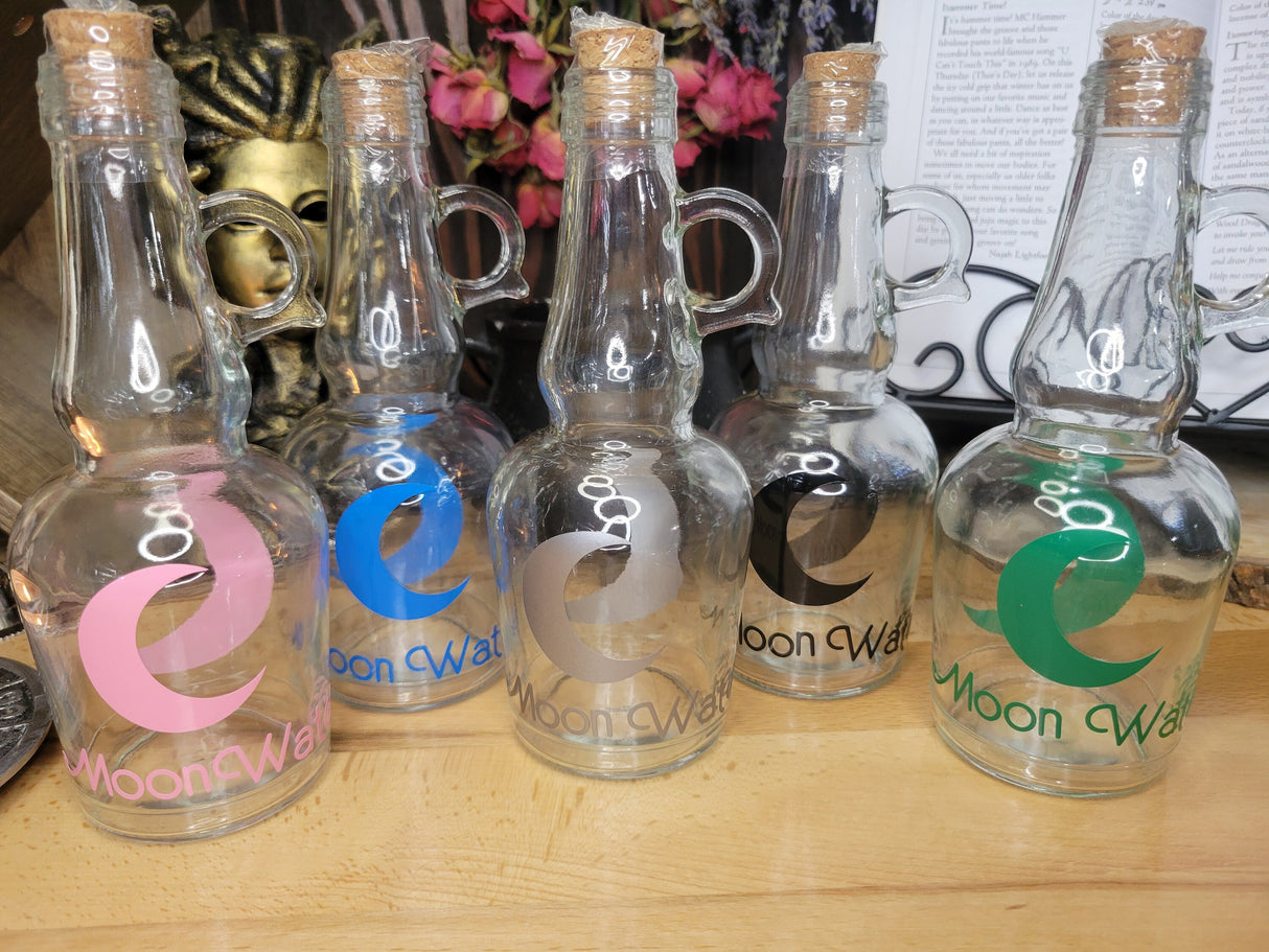 Moon Water Bottle, Moon Jar with Cork, Glass Moon Decorated, Spell Bottle