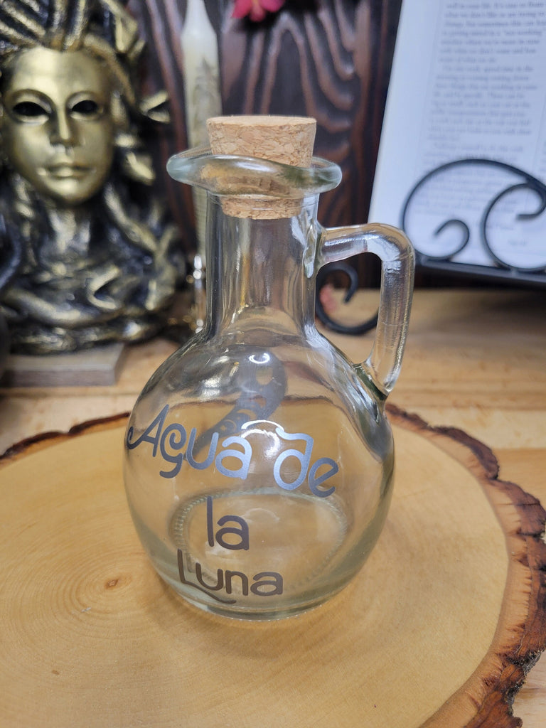Moon Water Glass Bottle, Agua de la Luna Bottle Witchy Moon Jar with Cork, Glass Moon Decorated