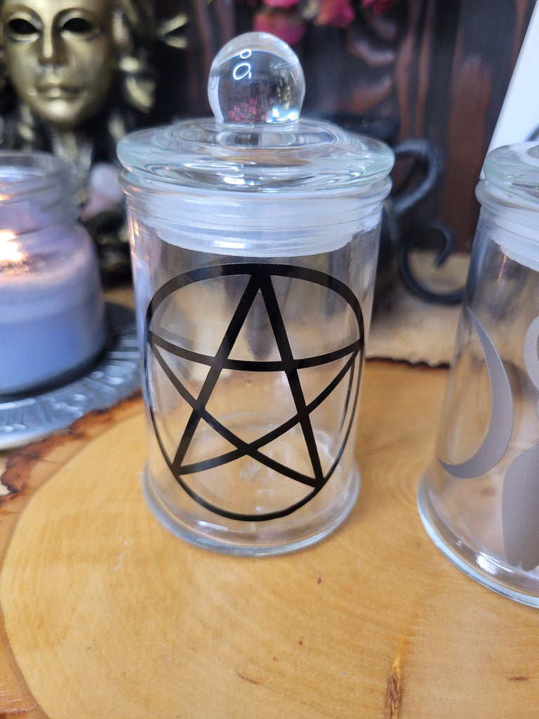 Pentagram and Goddess Glass Bottle, Witchy Moon Jar with Cork, Glass Goddess Decorated, Pentagram Spell Bottle