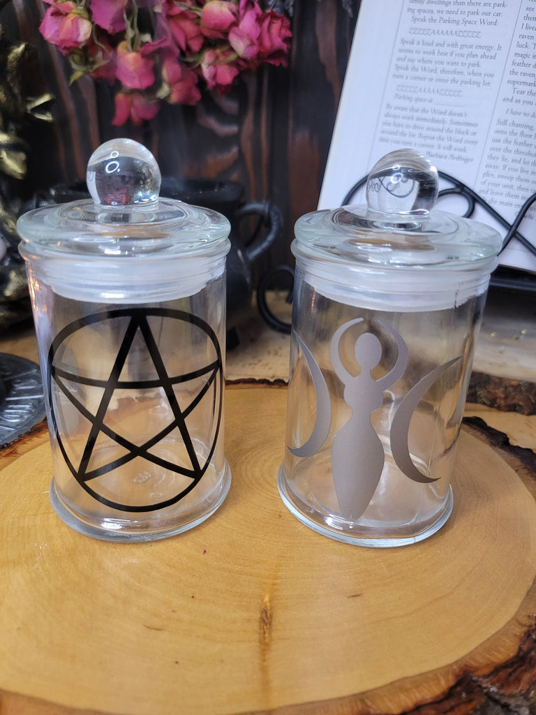 Pentagram and Goddess Glass Bottle, Witchy Moon Jar with Cork, Glass Goddess Decorated, Pentagram Spell Bottle