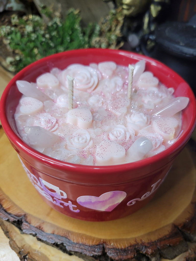 Self Love Rose Quartz Crystal Candle, Big Mug Handmade Ceramic Candles Soy Candles, Rose Quartz Flowers Candle