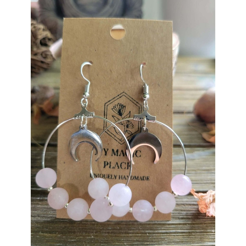 Moon Beads Earrings, Rose Quartz Earrings, Love Crystal Jewelry -Earrings