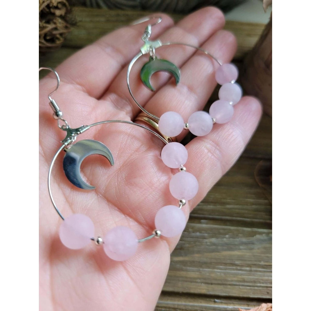 Moon Beads Earrings, Rose Quartz Earrings, Love Crystal Jewelry -Earrings