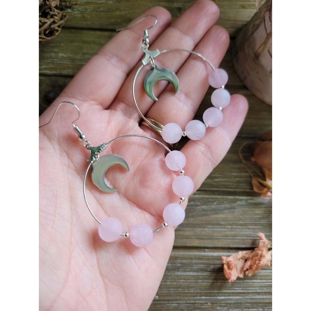 Moon Beads Earrings, Rose Quartz Earrings, Love Crystal Jewelry -Earrings