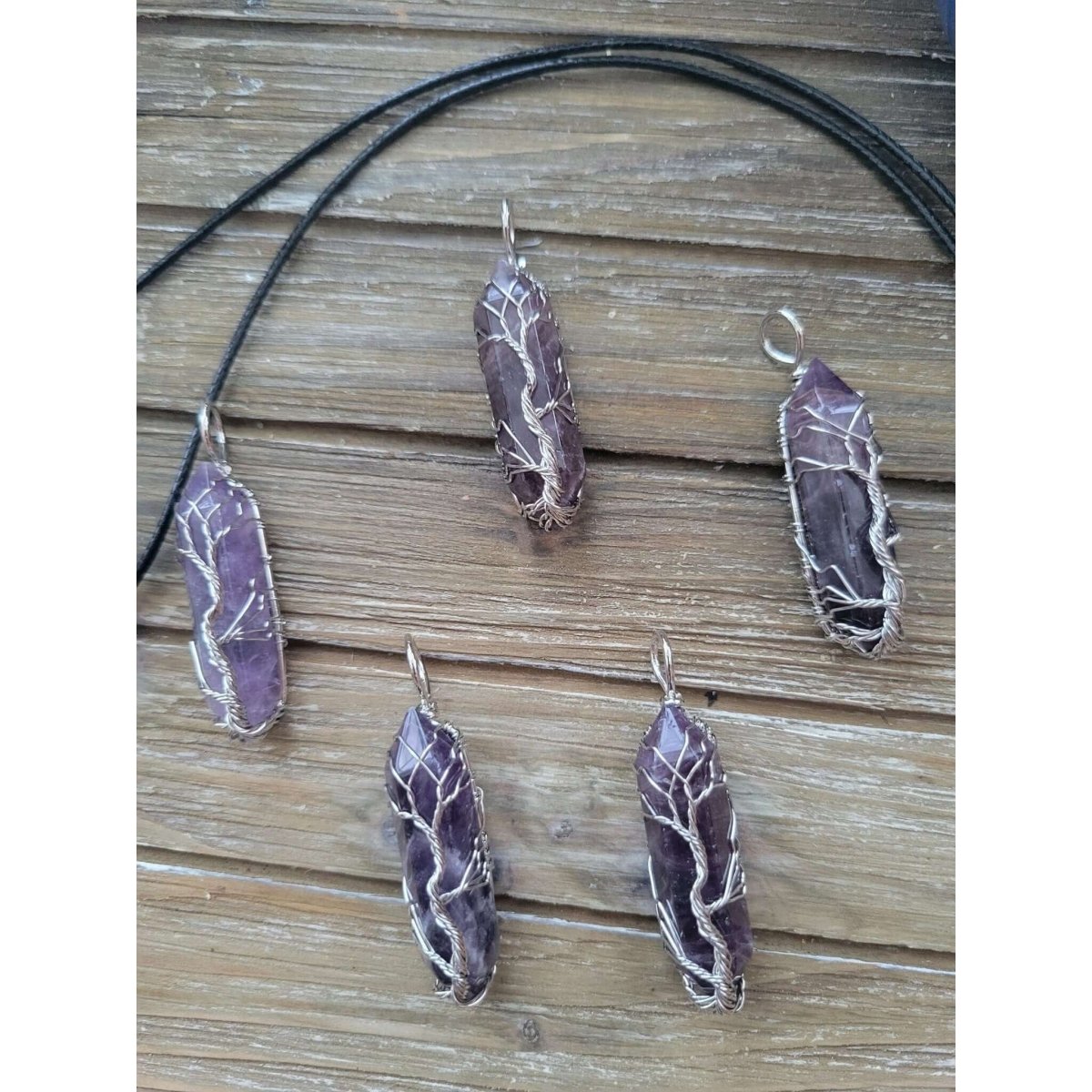 Natural Amethyst Big Wire Wrapped Pendants and Cord , Brass Wires, prismatic with Tree of Life / Crystal Jewelry -crystal pendant