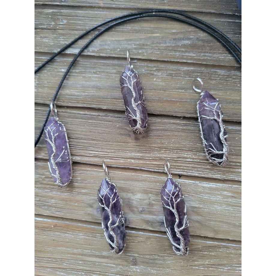 Natural Amethyst Big Wire Wrapped Pendants and Cord , Brass Wires,  prismatic with Tree of Life / Crystal Jewelry crystal pendant My Magic  Place Shop