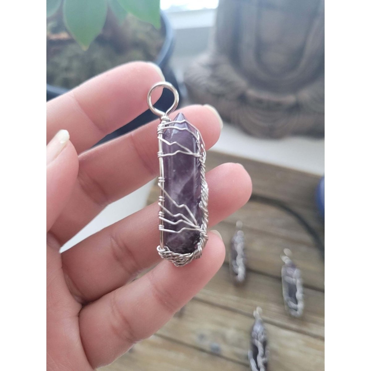 Natural Amethyst Big Wire Wrapped Pendants and Cord , Brass Wires, prismatic with Tree of Life / Crystal Jewelry -crystal pendant