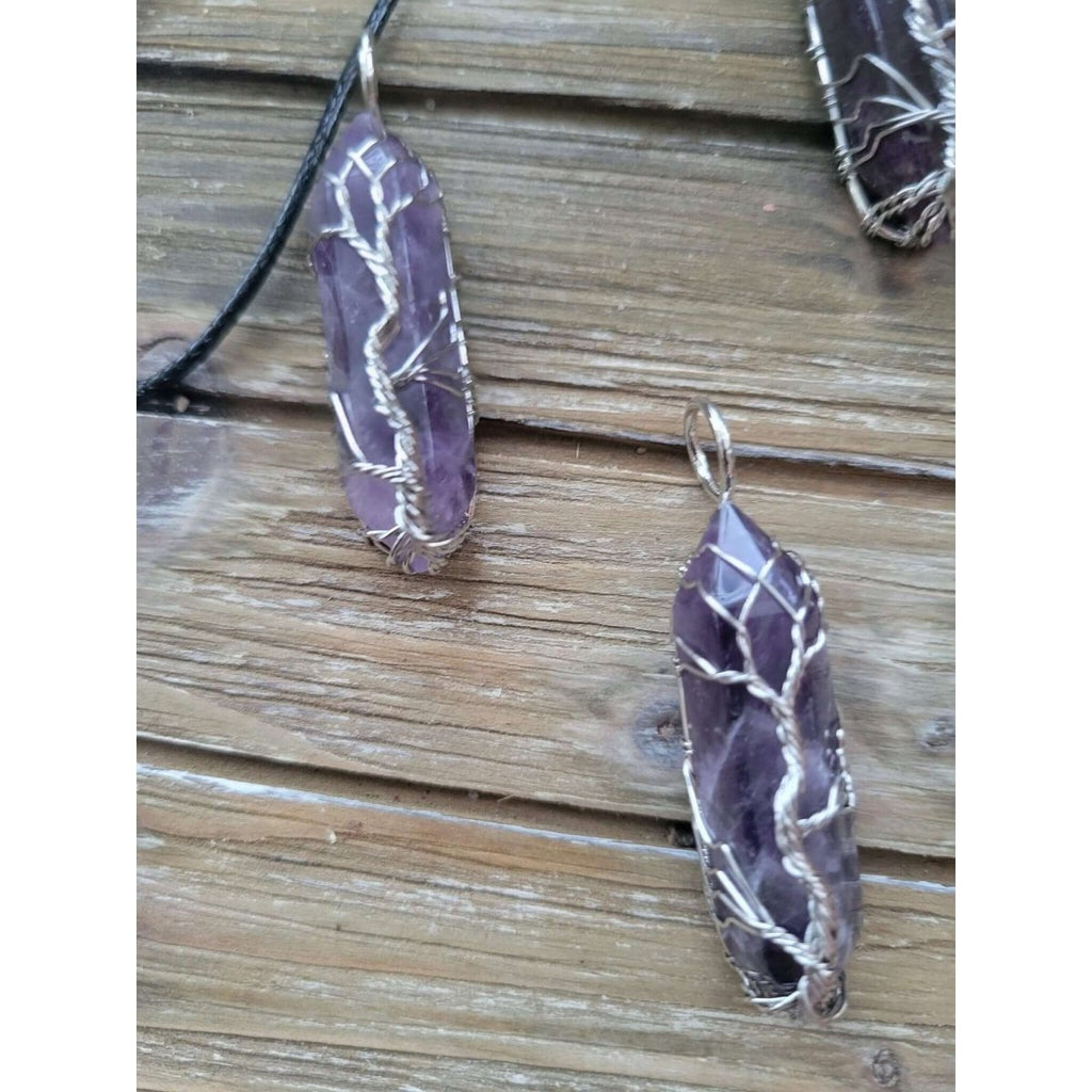 Natural Amethyst Big Wire Wrapped Pendants and Cord , Brass Wires, prismatic with Tree of Life / Crystal Jewelry -crystal pendant