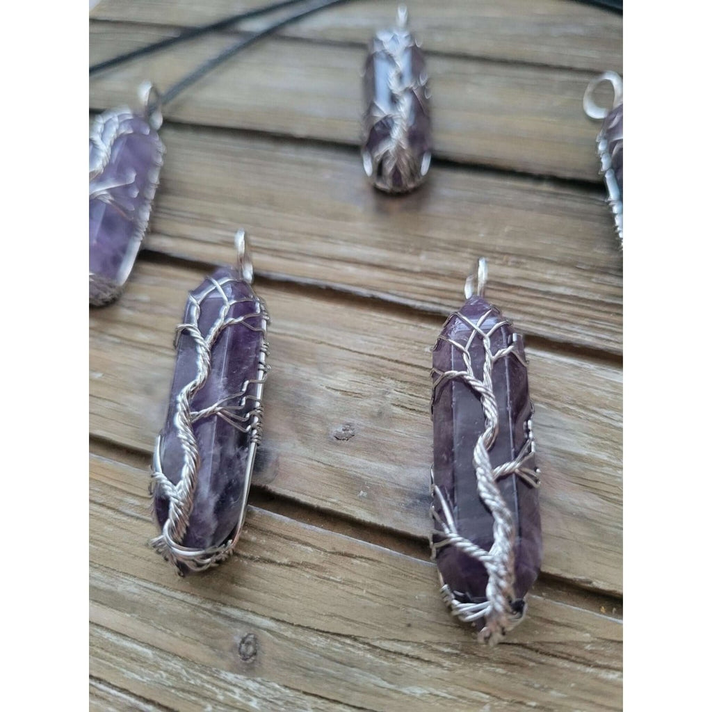 Natural Amethyst Big Wire Wrapped Pendants and Cord , Brass Wires, prismatic with Tree of Life / Crystal Jewelry -crystal pendant