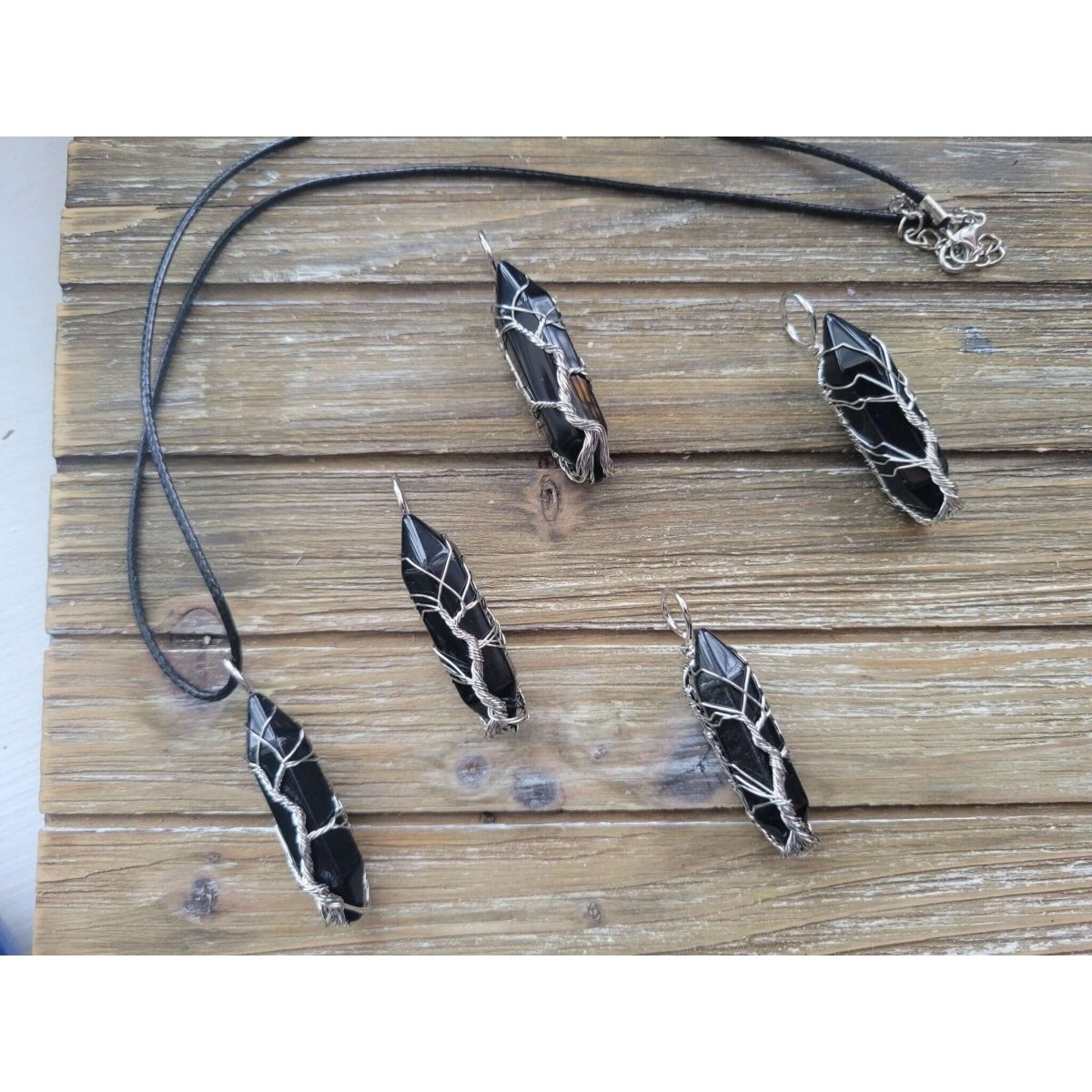 Natural Black Agate Big Wire Wrapped Pendants and Cord , Brass Wires, prismatic with Tree of Life / Crystal Jewelry -crystal pendant