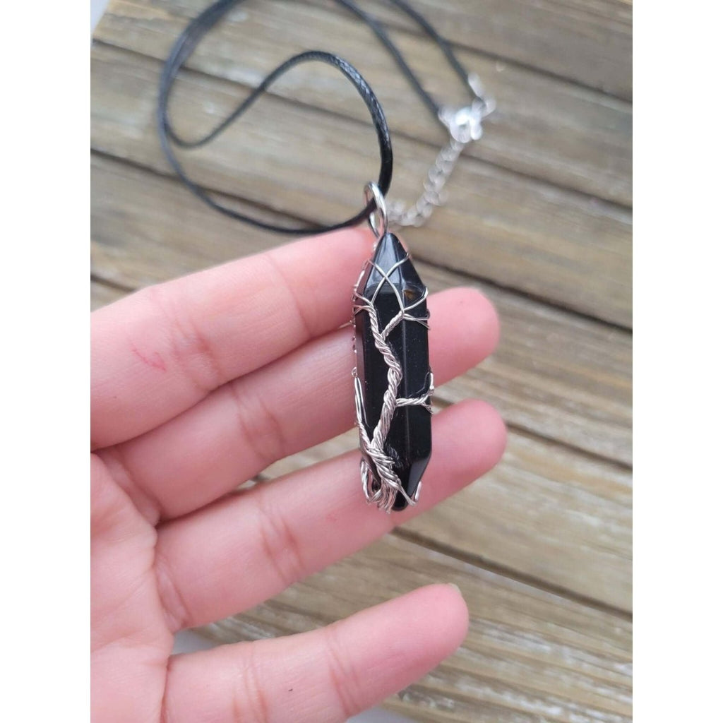 Natural Black Agate Big Wire Wrapped Pendants and Cord , Brass Wires, prismatic with Tree of Life / Crystal Jewelry -crystal pendant