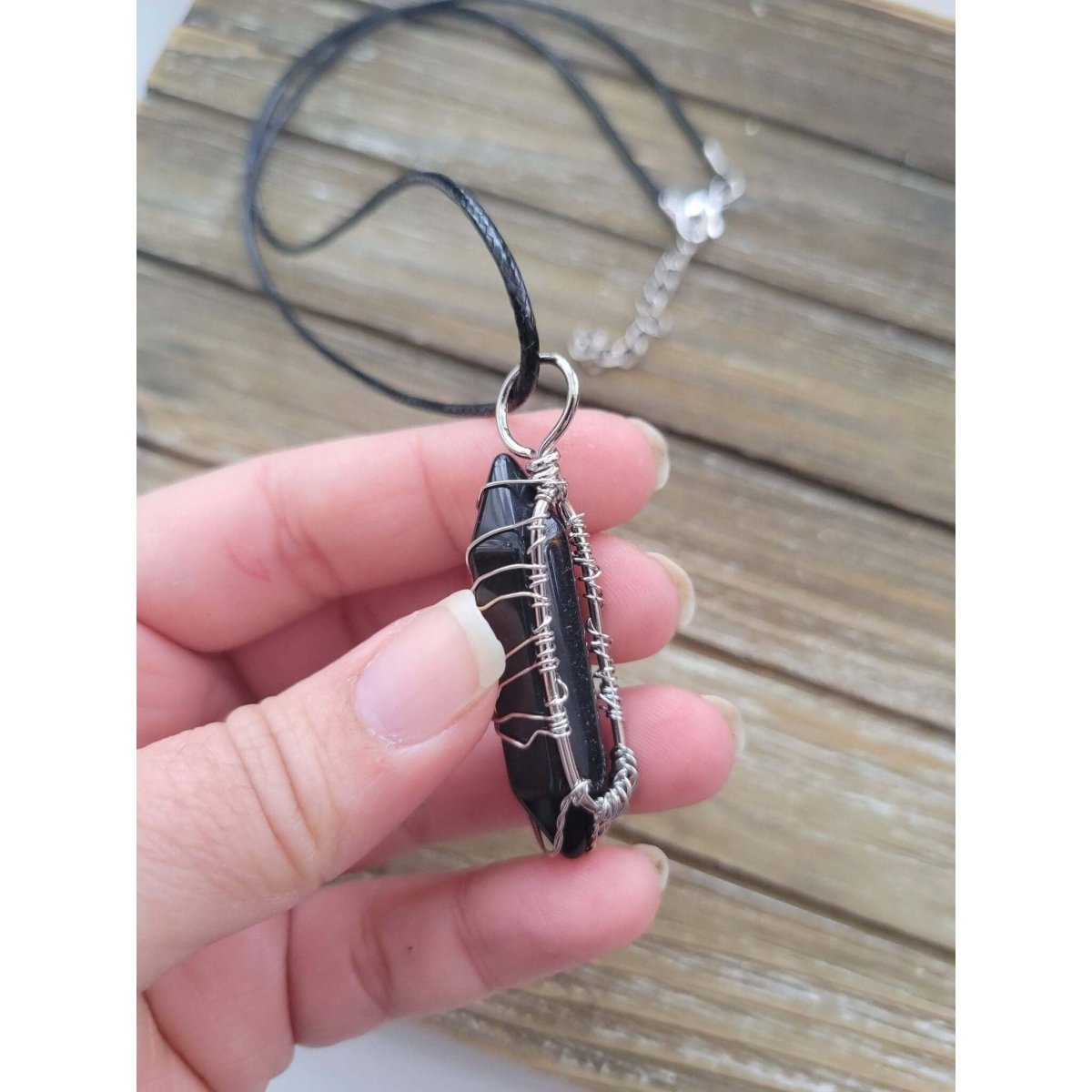 Natural Black Agate Big Wire Wrapped Pendants and Cord , Brass Wires, prismatic with Tree of Life / Crystal Jewelry -crystal pendant