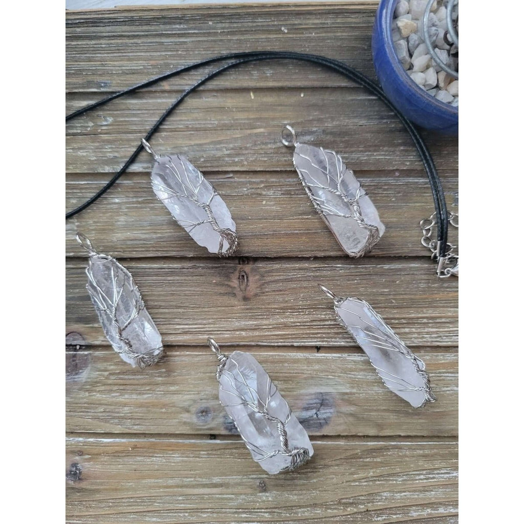 Natural Clear Quartz Big Wire Wrapped Pendants and Cord , Brass Wires, prismatic with Tree of Life / Crystal Jewelry -crystal pendant