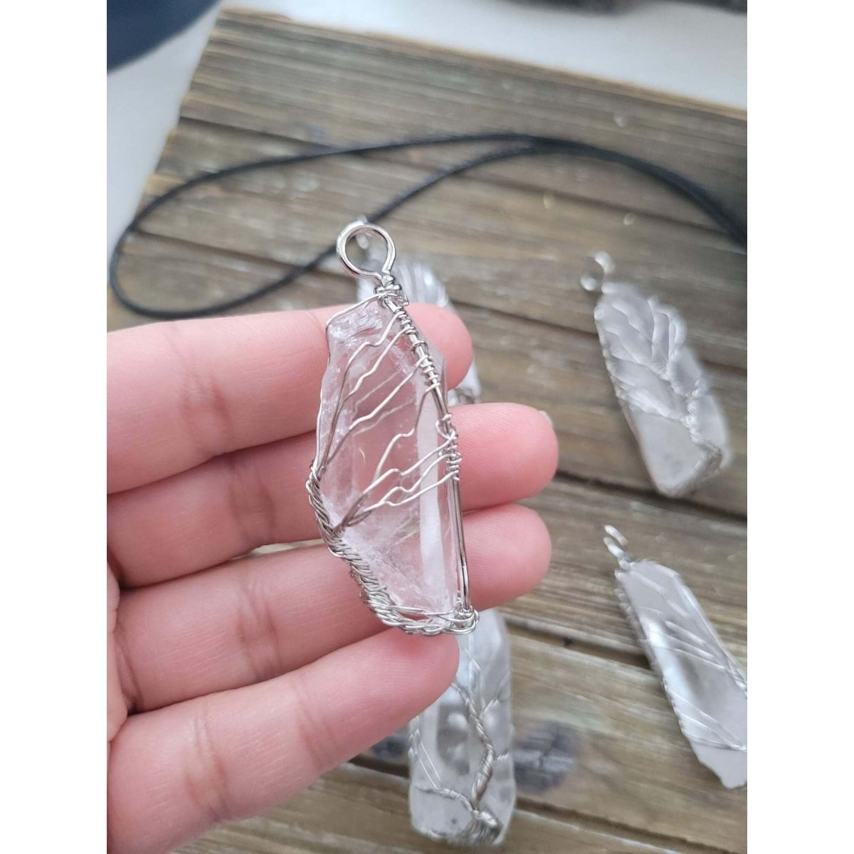 Natural Clear Quartz Big Wire Wrapped Pendants and Cord , Brass Wires, prismatic with Tree of Life / Crystal Jewelry -crystal pendant