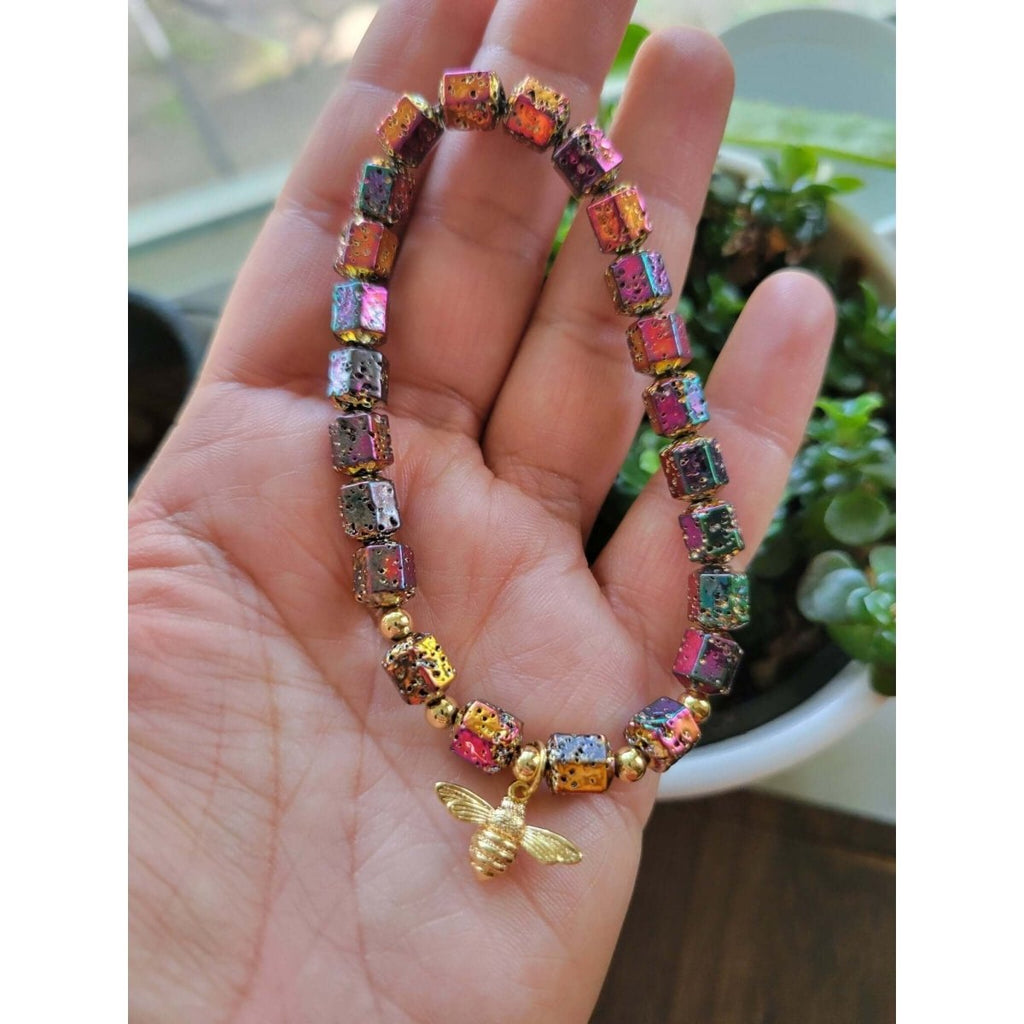 Natural Lava Rock Hexagon Beads Stretch Bracelets, Bee Shape Brass Charm Bracelet, Oil Diffuser Stone Bracelet for Women -Bracelets