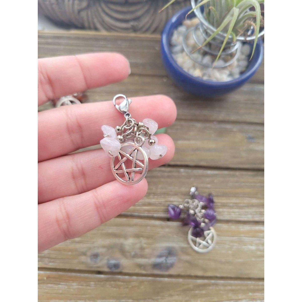 Natural Mixed Stone Chips Pendants, Pentagram Pendants and Brass Lobster Claw Clasps/ Protection Charms with crystals -Charms & Pendants