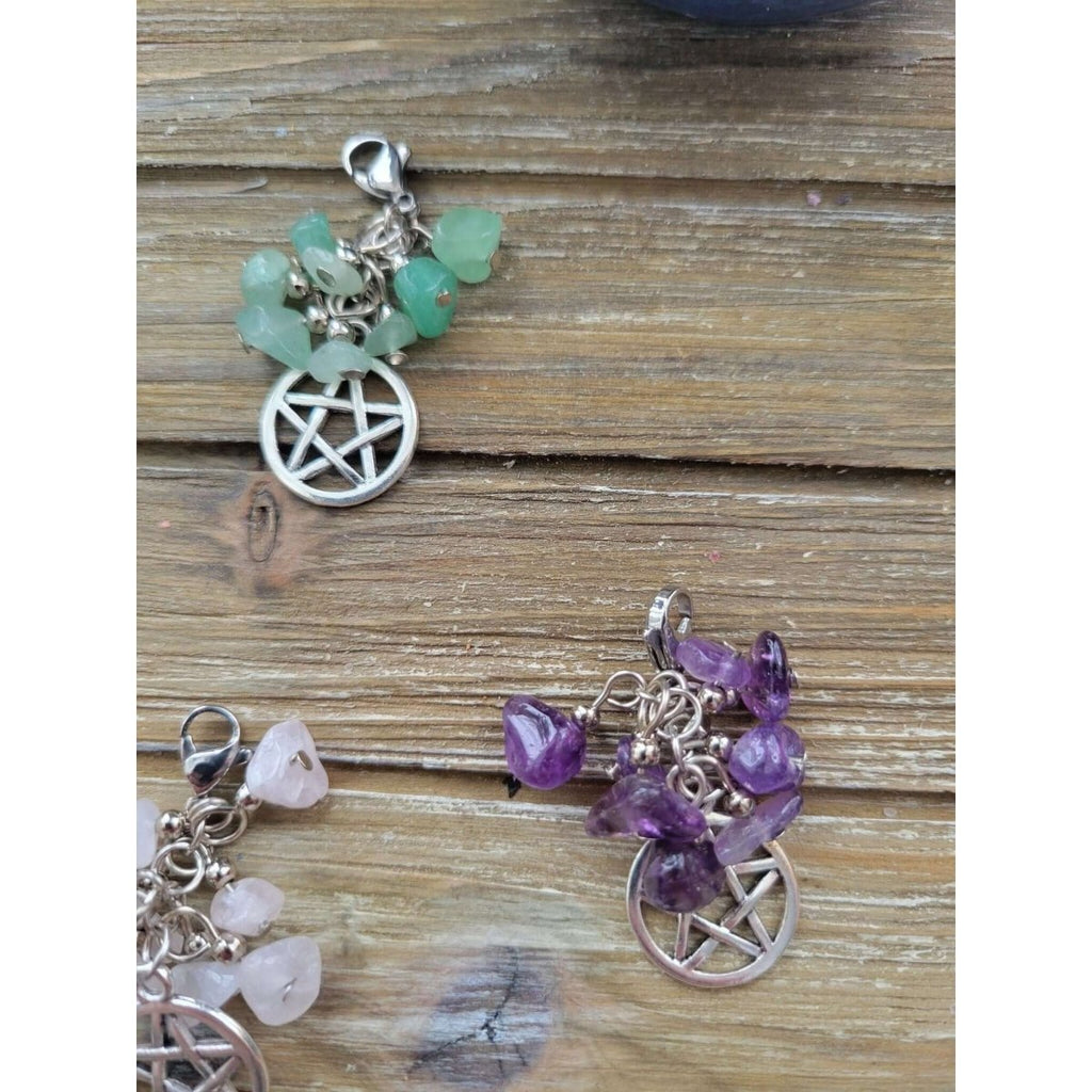 Natural Mixed Stone Chips Pendants, Pentagram Pendants and Brass Lobster Claw Clasps/ Protection Charms with crystals -Charms & Pendants