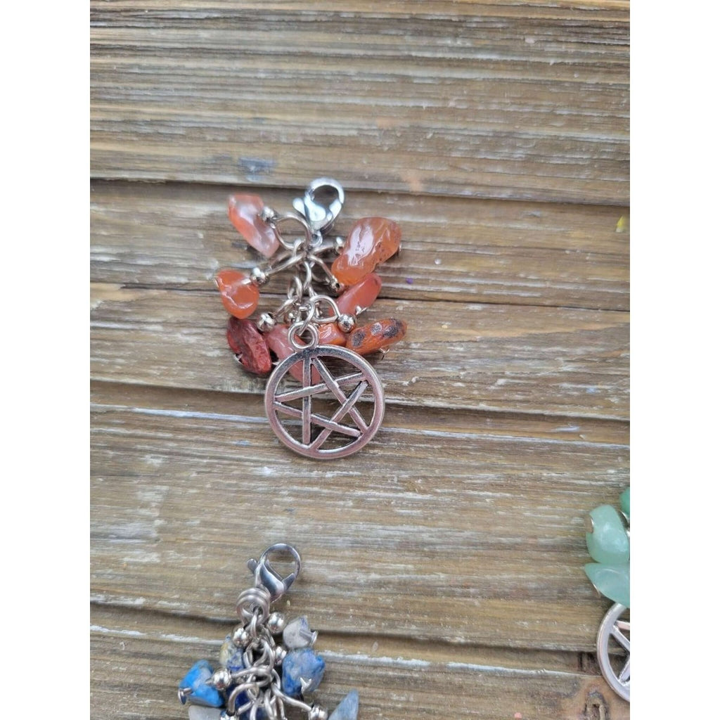 Natural Mixed Stone Chips Pendants, Pentagram Pendants and Brass Lobster Claw Clasps/ Protection Charms with crystals -Charms & Pendants