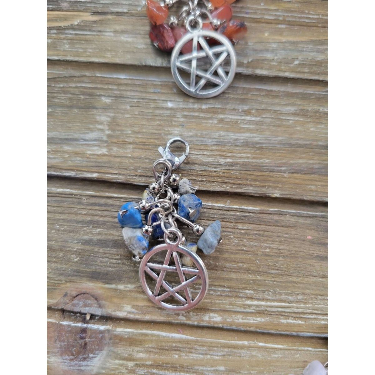 Natural Mixed Stone Chips Pendants, Pentagram Pendants and Brass Lobster Claw Clasps/ Protection Charms with crystals -Charms & Pendants
