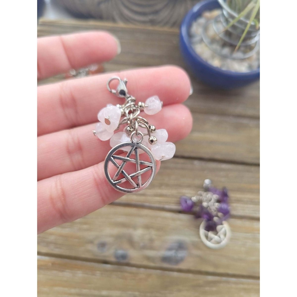 Natural Mixed Stone Chips Pendants, Pentagram Pendants and Brass Lobster Claw Clasps/ Protection Charms with crystals -Charms & Pendants