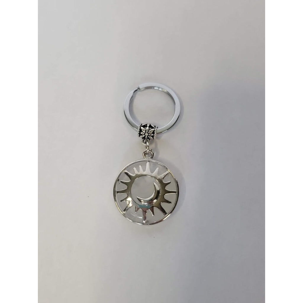 Natural Quartz Crystal Keychain, Flat Round with Sun & Moon -