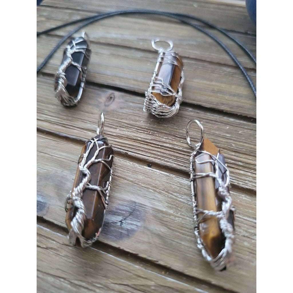 Natural Tiger Eye Big Wire Wrapped Pendants and Cord , Brass Wires, prismatic with Tree of Life / Crystal Jewelry -crystal pendant
