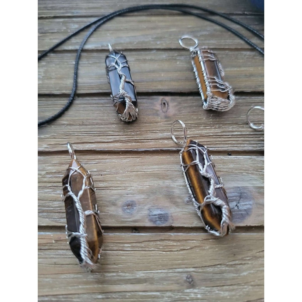 Natural Tiger Eye Big Wire Wrapped Pendants and Cord , Brass Wires, prismatic with Tree of Life / Crystal Jewelry -crystal pendant