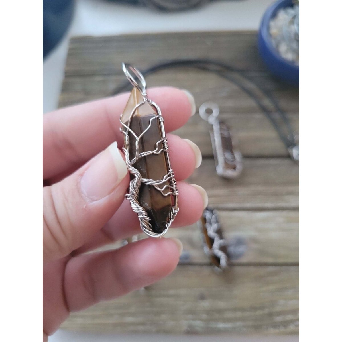 Natural Tiger Eye Big Wire Wrapped Pendants and Cord , Brass Wires, prismatic with Tree of Life / Crystal Jewelry -crystal pendant